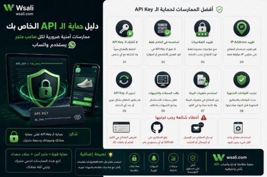 دليل حماية الـ API Key الخاص بك: ممارسات أمنية ضرورية لكل صاحب متجر يستخدم واتساب 3 دليل حماية الـ API Key: ممارسات أمنية ضرورية لكل صاحب متجر يستخدم واتساب