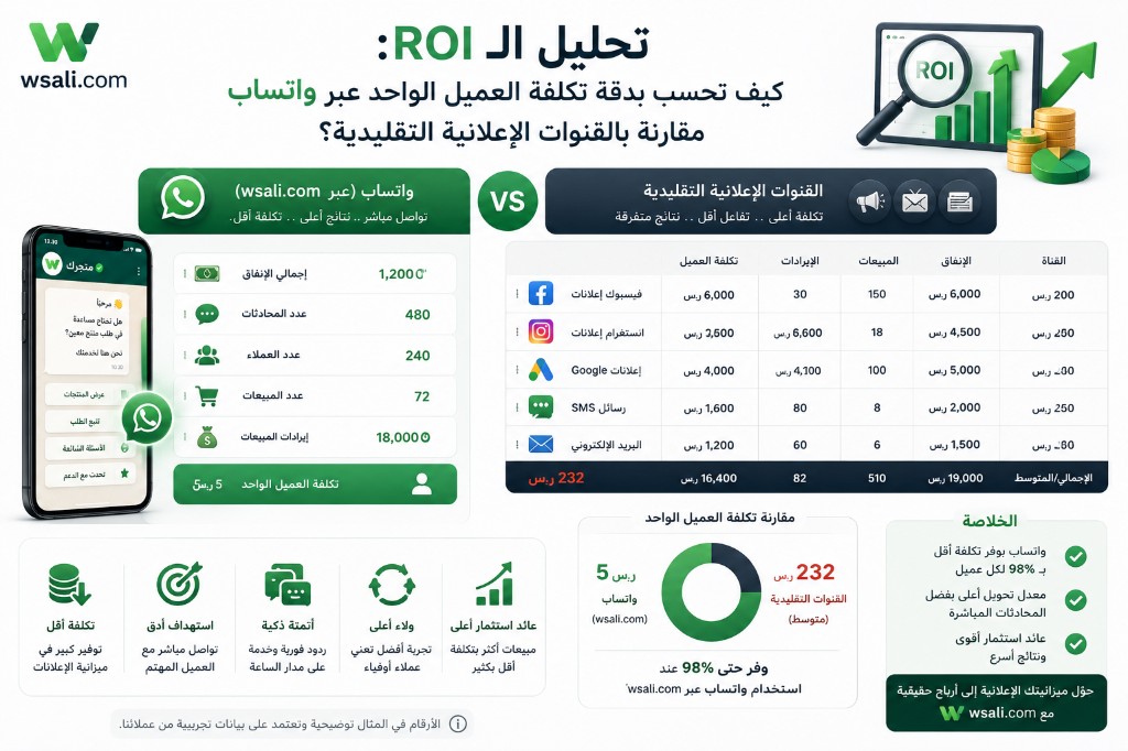 تحليل الـ ROI: تكلفة العميل الواحد عبر واتساب مقارنة بالقنوات الإعلانية التقليدية