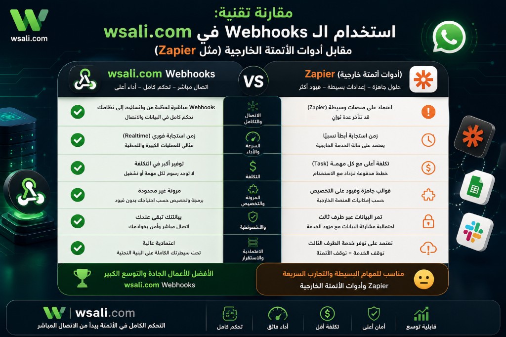 مقارنة تقنية: استخدام الـ Webhooks في وصالي مقابل أدوات الأتمتة الخارجية (مثل Zapier) 2 مقارنة تقنية: استخدام الـ Webhooks في وصالي مقابل أدوات الأتمتة الخارجية مثل Zapier