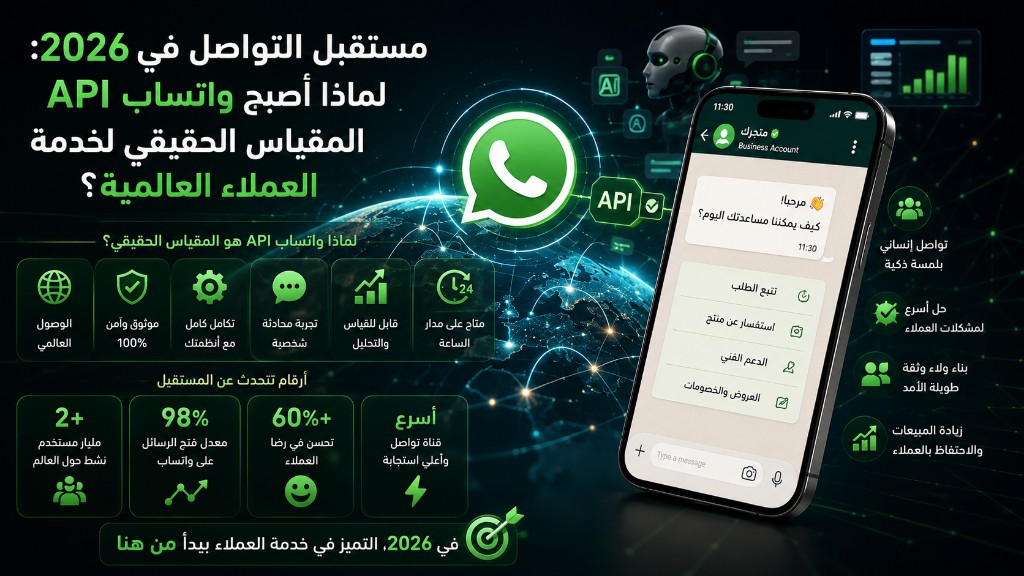 مستقبل التواصل في 2026: لماذا أصبح واتساب API المقياس الحقيقي لخدمة العملاء العالمية؟ 2 مستقبل التواصل في 2026: لماذا أصبح واتساب API المقياس الحقيقي لخدمة العملاء العالمية