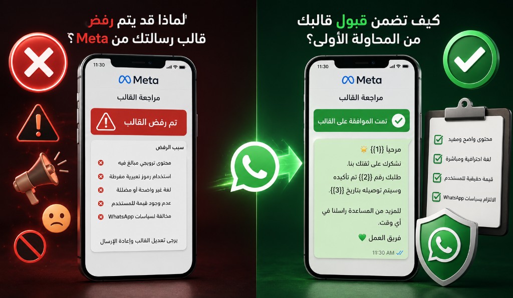 لماذا قد يتم رفض قالب رسالتك (Template) من Meta؟ وكيف تضمن قبوله من المحاولة الأولى؟ 2 لماذا قد يتم رفض قالب رسالتك من Meta وكيف تضمن قبول قالب واتساب من المحاولة الأولى
