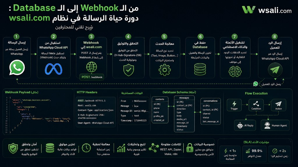 من الـ Webhook إلى الـ Database: دورة حياة الرسالة في نظام wsali.com (شرح تقني للمحترفين) 2 من الـ Webhook إلى الـ Database: دورة حياة الرسالة في نظام wsali.com شرح تقني للمحترفين