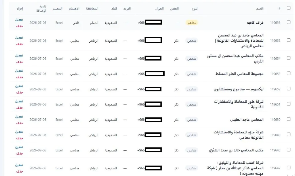 قوائم أرقام تواصل لقطاع الأعمال — محامون ومطاعم وورش — قاعدة بيانات وصالي