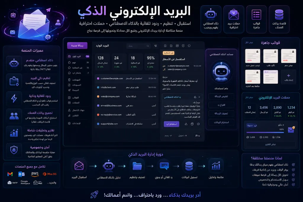 نظام إدارة البريد الإلكتروني — استقبال ذكي وردود AI وحملات بريد احترافية · وصالي