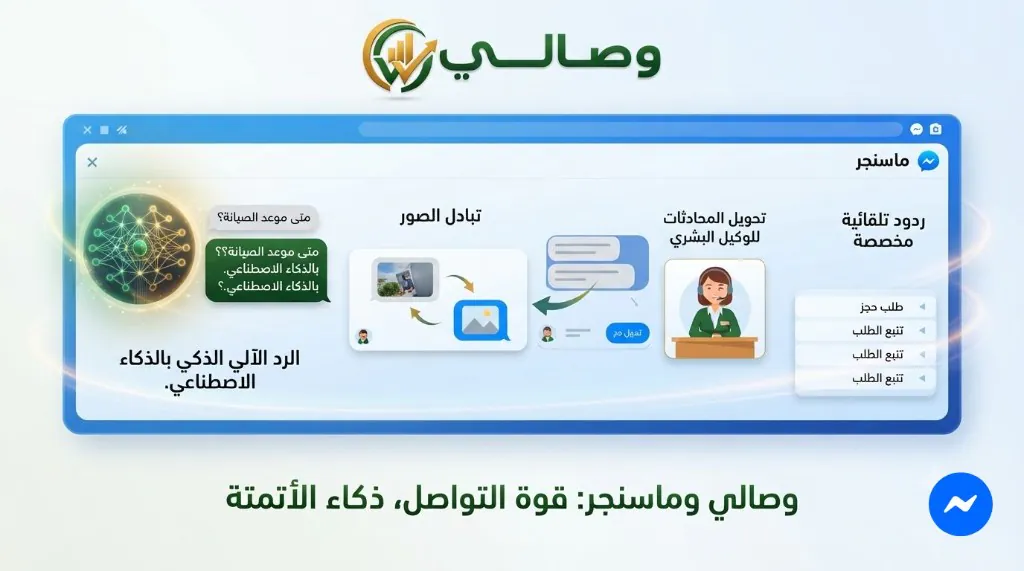 وصالي وماسنجر — ردود تلقائية مخصصة وذكاء اصطناعي وتحويل للوكيل البشري وتبادل الصور