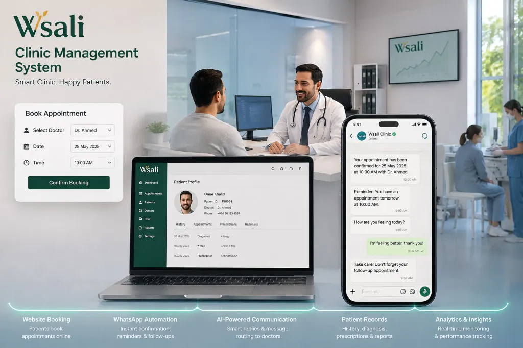 Medical clinic management system — booking, patient records and WhatsApp automation · Wsali