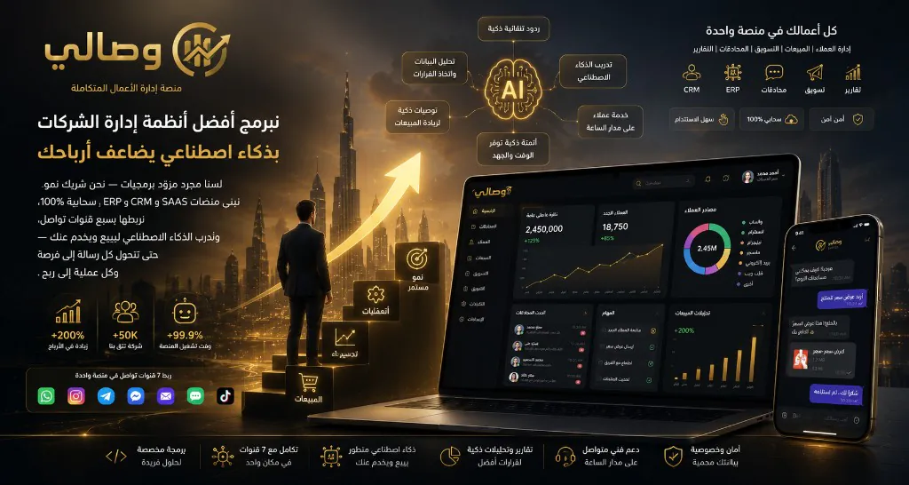 وصالي لأنظمة إدارة الشركات — برمجة أنظمة SAAS CRM ERP بذكاء اصطناعي
