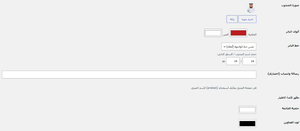 نظام شات بوت ذكي للمتاجر الإلكترونية — بانر مندوب المبيعات وصورة المندوب وألوان الواجهة