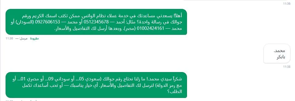 Example conversation after Wsali WhatsApp Business Bot training